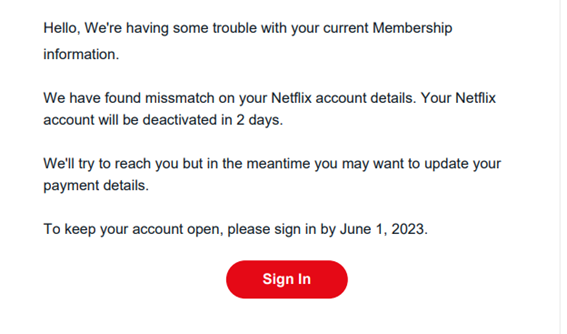 Netflix を騙ったフィッシングメール